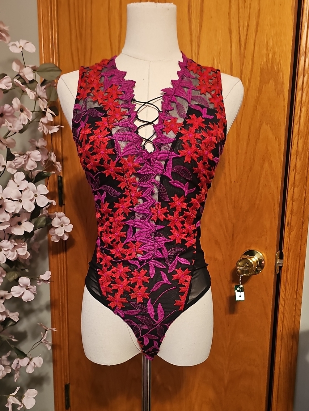 Guess Sheer Panel Floral Embroidered Bodysuit